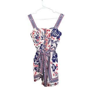 Floral Tropical Romper Button Front Tie Waist 2 Blue Red White
